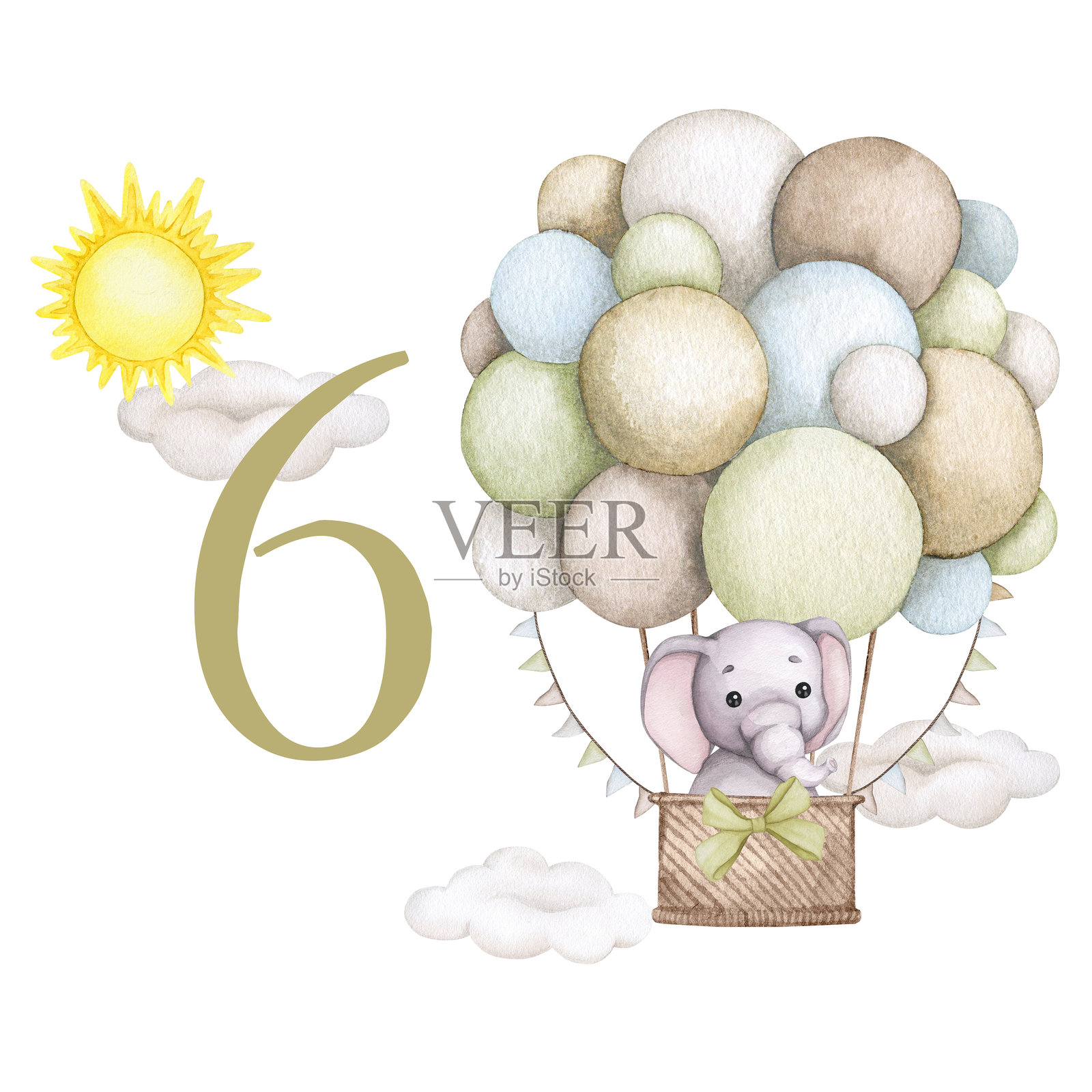 婴儿里程碑卡片。6个月。新生男孩或女孩。水彩婴儿月纪念卡。记录小宝贝在第一年中的所有特别时刻。六个月大的宝宝。插画图片素材