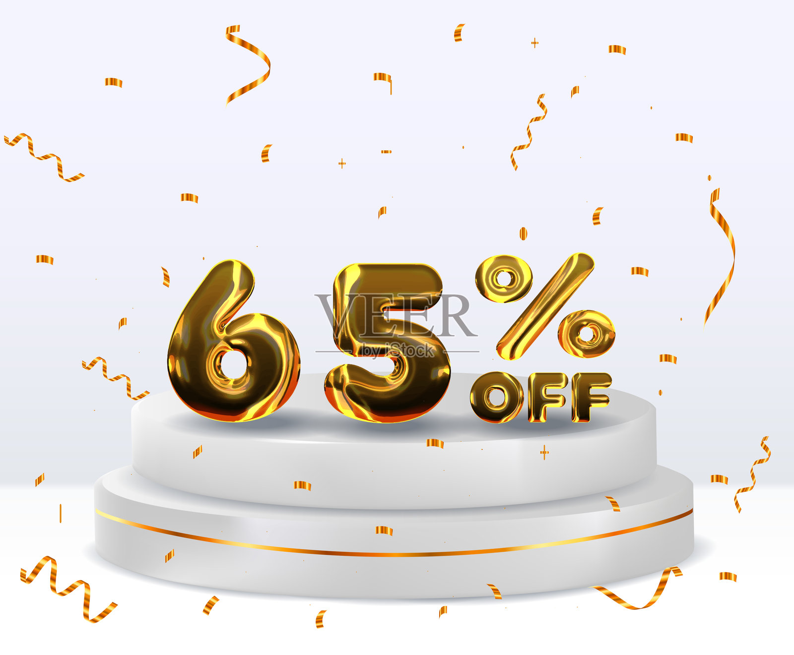 65%折扣促销基金。3D金色数字。65%折扣的3D效果，带百分号。促销模板设计。插画图片素材