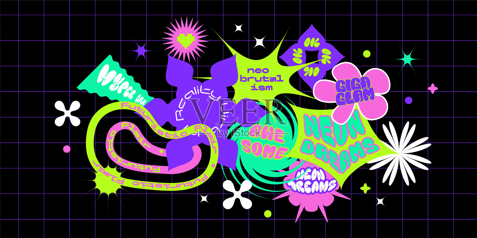 一套时尚的复古未来主义贴纸，采用粗野主义风格，简单扭曲的几何形状，酷炫的Y2K名言，霓虹色彩。电子音乐派对的宣传单设计模板。非对称构图。矢量图。插画图片素材