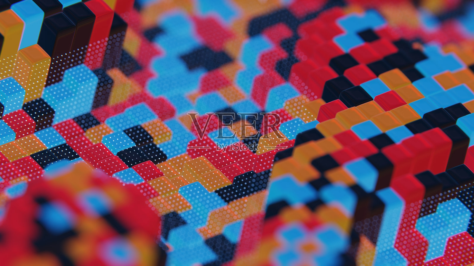 黑色背景上的漂浮多彩透明和不透明的立方体照片摄影图片