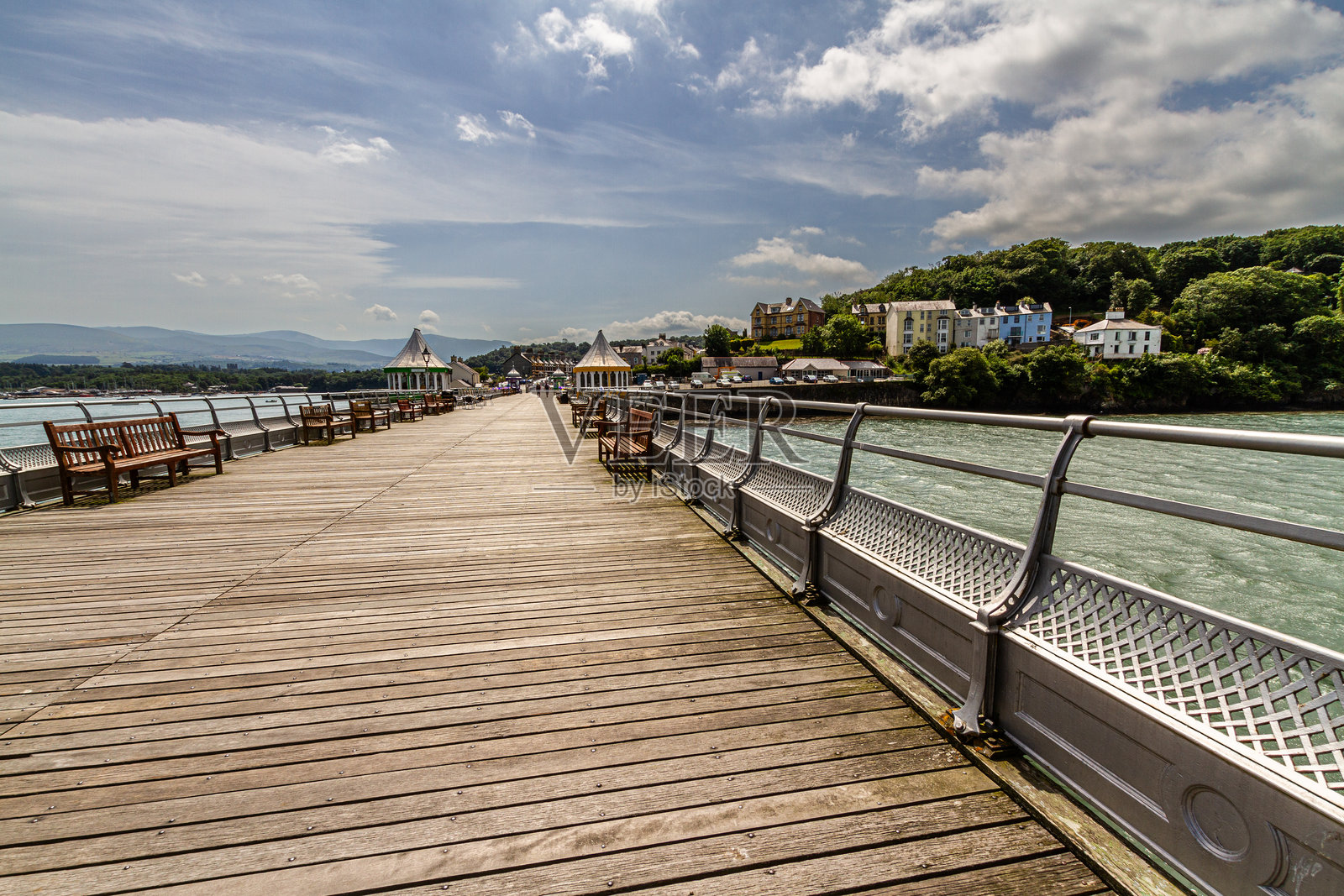 编辑，夏日的游乐码头广角视图。英国北威尔士班戈，格温内德。照片摄影图片