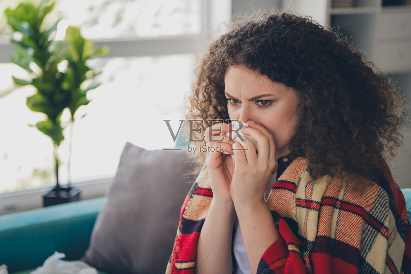 年轻女孩坐在舒适的沙发上，裹着格子毛毯，面色不佳，正在室内用纸巾擦鼻子。照片摄影图片