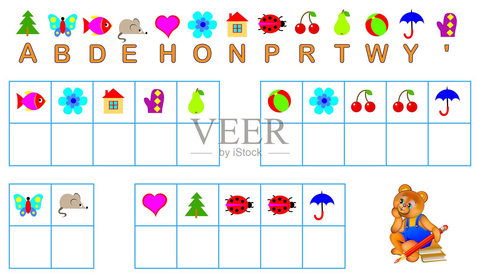 学习英语的教育页面。需要在相关方框中写字母并阅读短语。逻辑谜题。儿童活动表。矢量图像。插画图片素材