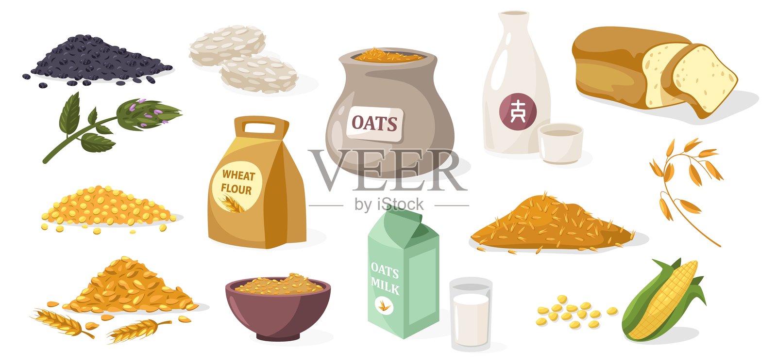 谷物。卡通谷物、面粉、米、麦、燕麦、大麦、玉米、黑麦，早餐有机食品，农业和农场概念。矢量图集。插画图片素材