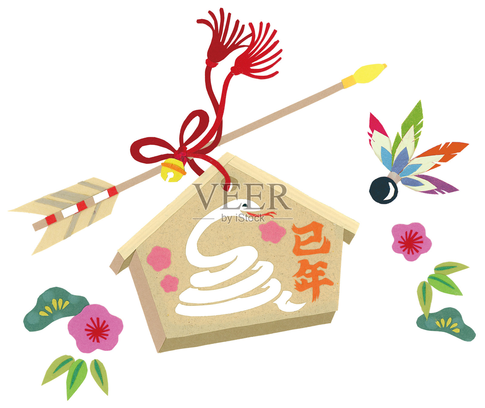 为蛇年制作的纸剪影“绘马”。一种日本幸运符。插画图片素材