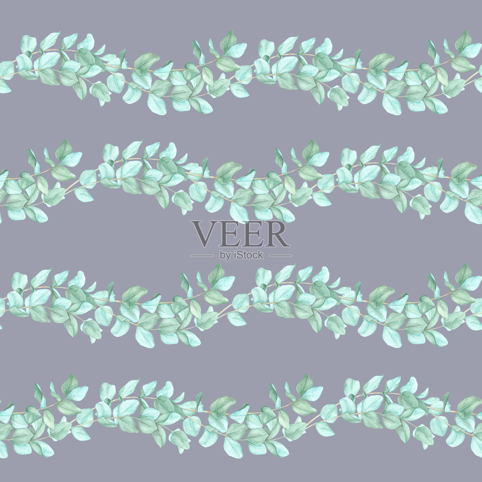 绿色桉树枝在浅紫色背景上水平排列。无缝图案，水彩剪贴画。适合用作壁纸。插画图片素材