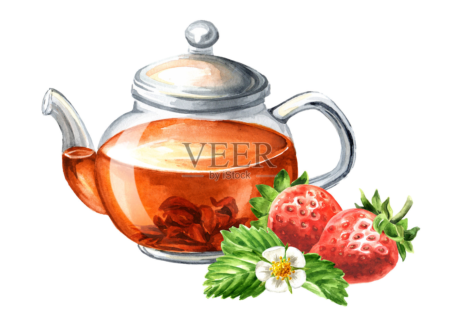 透明玻璃茶壶与杯子和红色草莓。手绘水彩插图，背景为白色。插画图片素材
