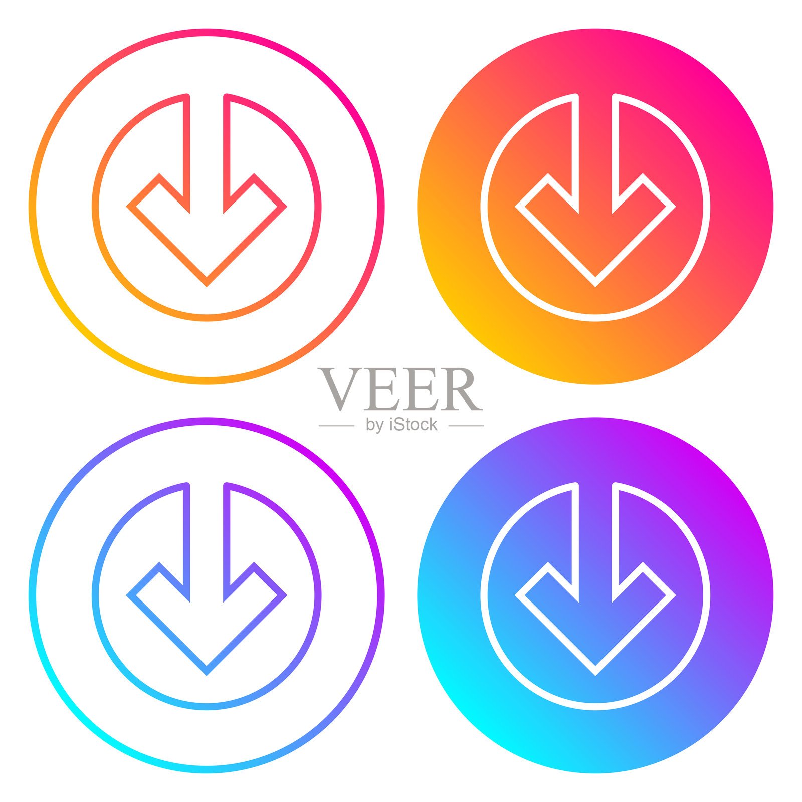向下箭头。带有颜色渐变的圆形图标插画图片素材