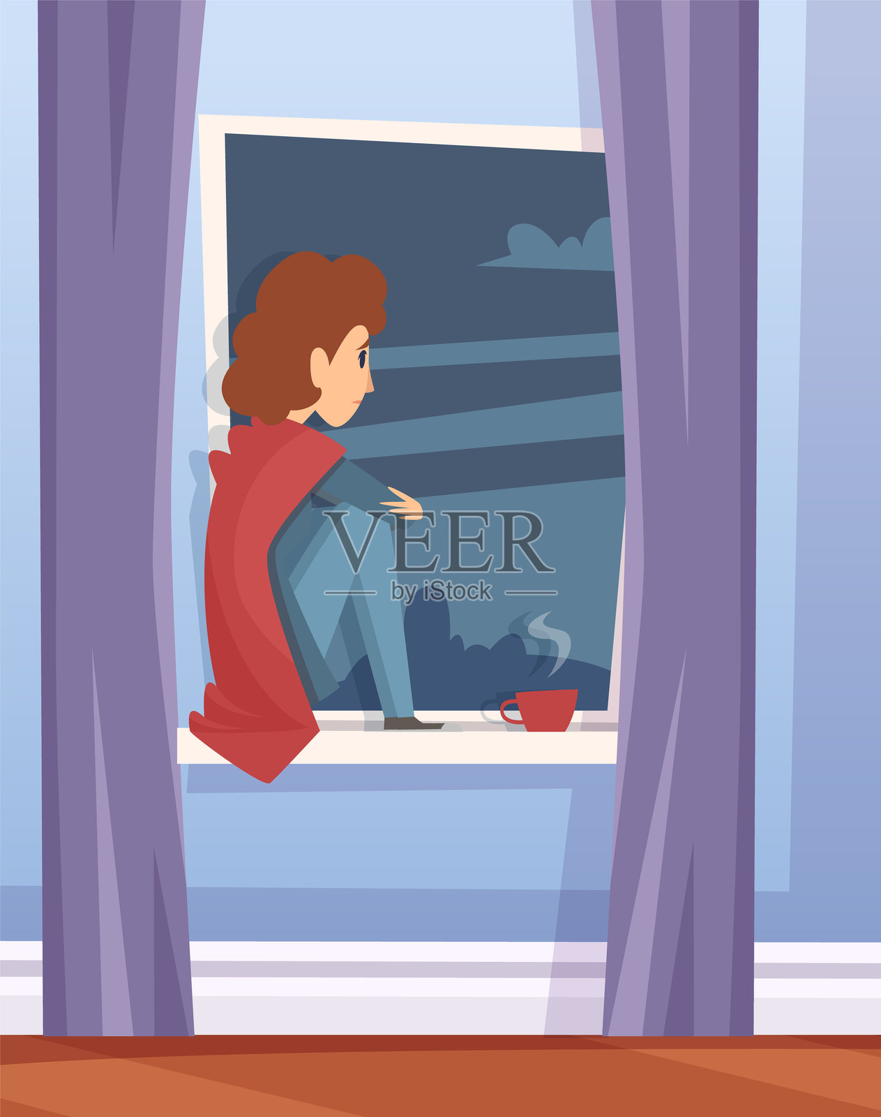 伤心的人。孤独的年轻男子坐在窗边，望着街道。插画图片素材
