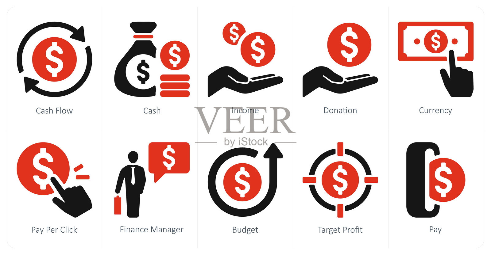 一组10个与财务和金钱相关的图标，包括现金流、现金和收入。插画图片素材