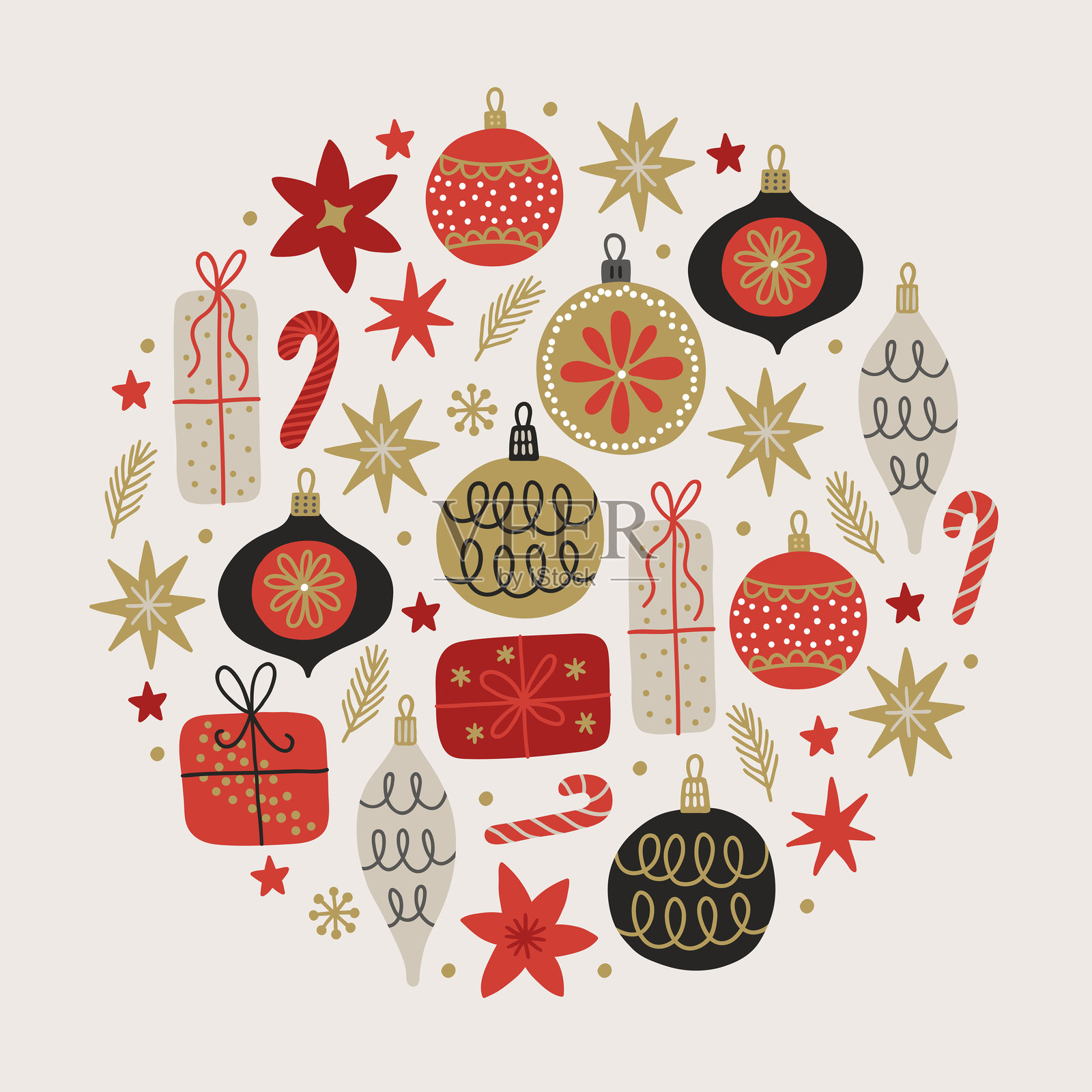 圣诞贺卡，上面有球、糖果杖、星星、礼物和树枝插画图片素材