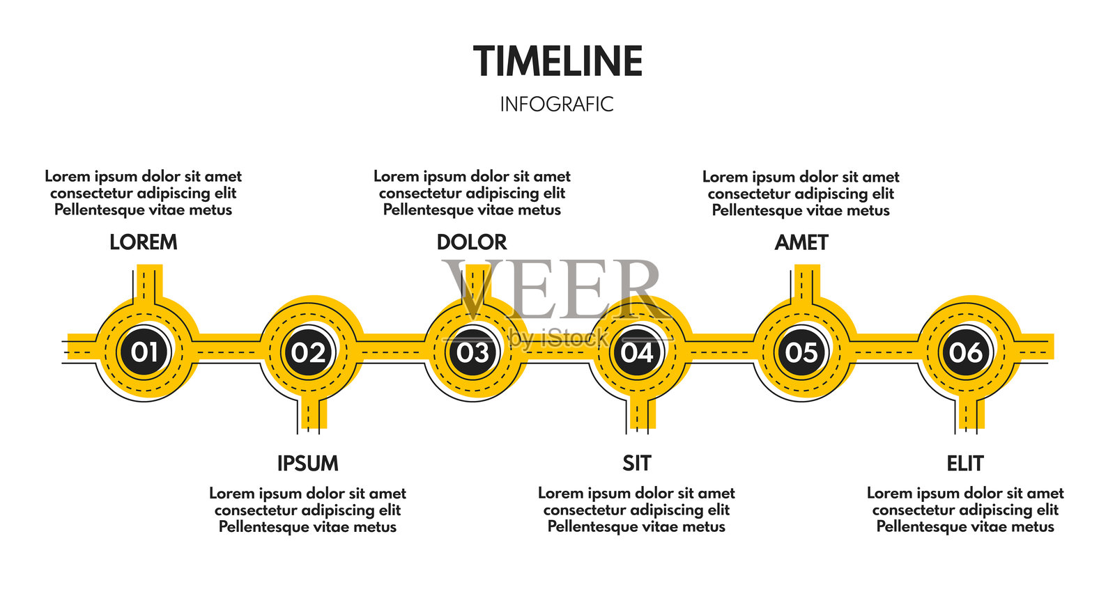 6步流程进度或时间线，道路信息图向量模板，个人周计划，成功的商业策略插画图片素材