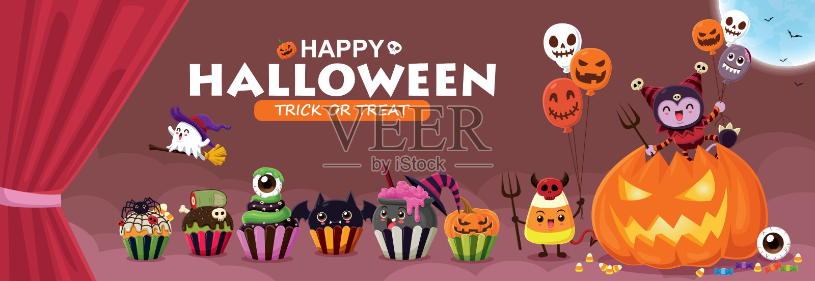 复古万圣节海报设计，包含矢量女巫杯子蛋糕和幽灵角色。插画图片素材