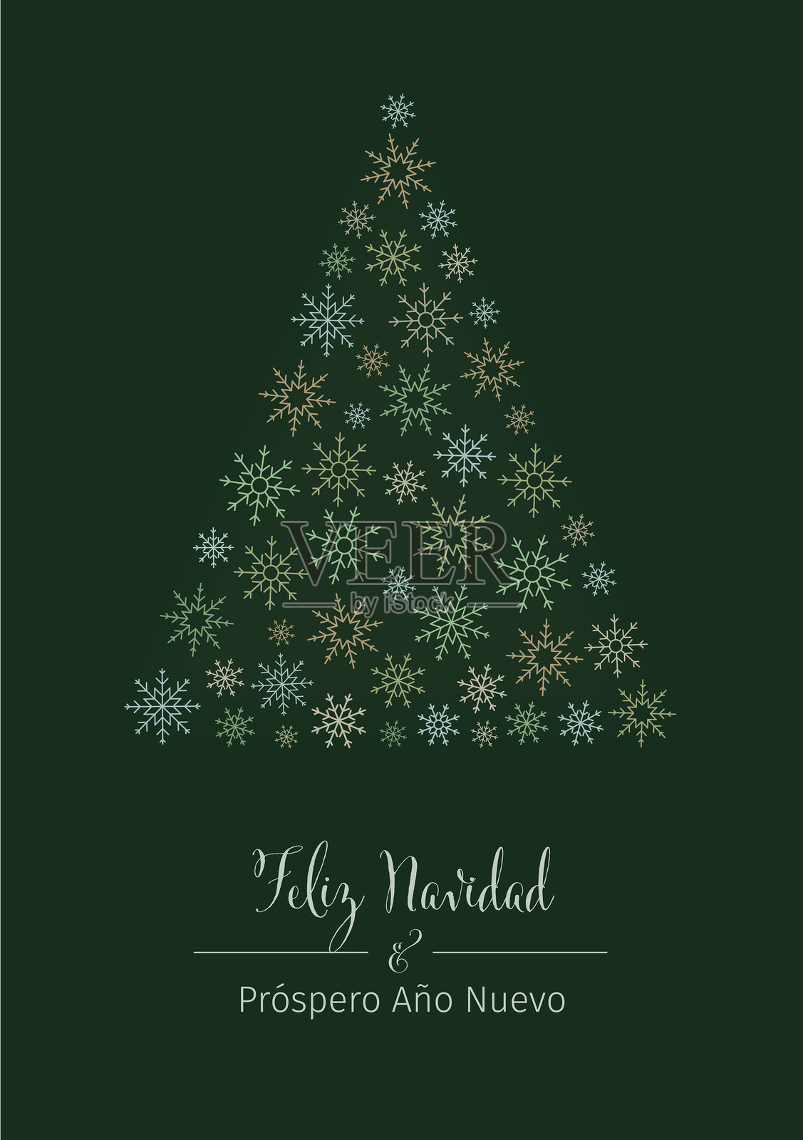 节日西班牙语“Feliz Navidad & Próspero Ano Nuevo”（圣诞快乐与新年快乐）明信片，背景为深绿色，上面有不同的雪花组成的树。插画图片素材