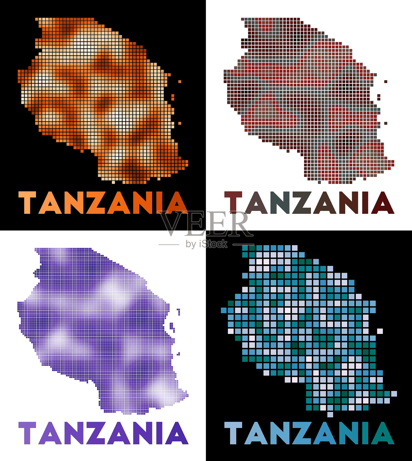 坦桑尼亚地图。点状风格的坦桑尼亚地图集合。国家边界用矩形填充，适合您的设计。矢量插图。插画图片素材