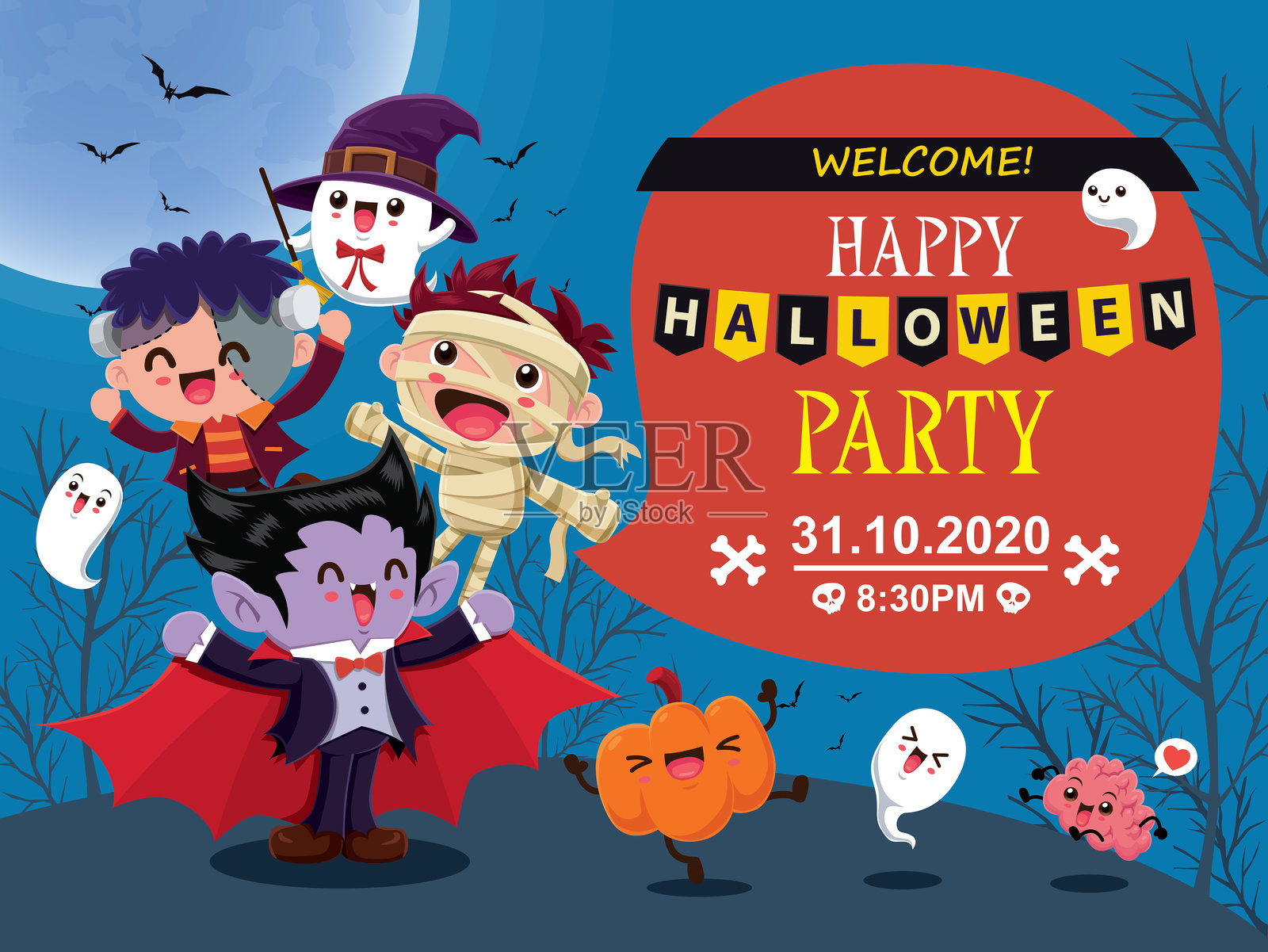 复古万圣节海报设计，包含矢量女巫、鬼魂、木乃伊、僵尸、恶魔、南瓜灯和怪物角色。插画图片素材