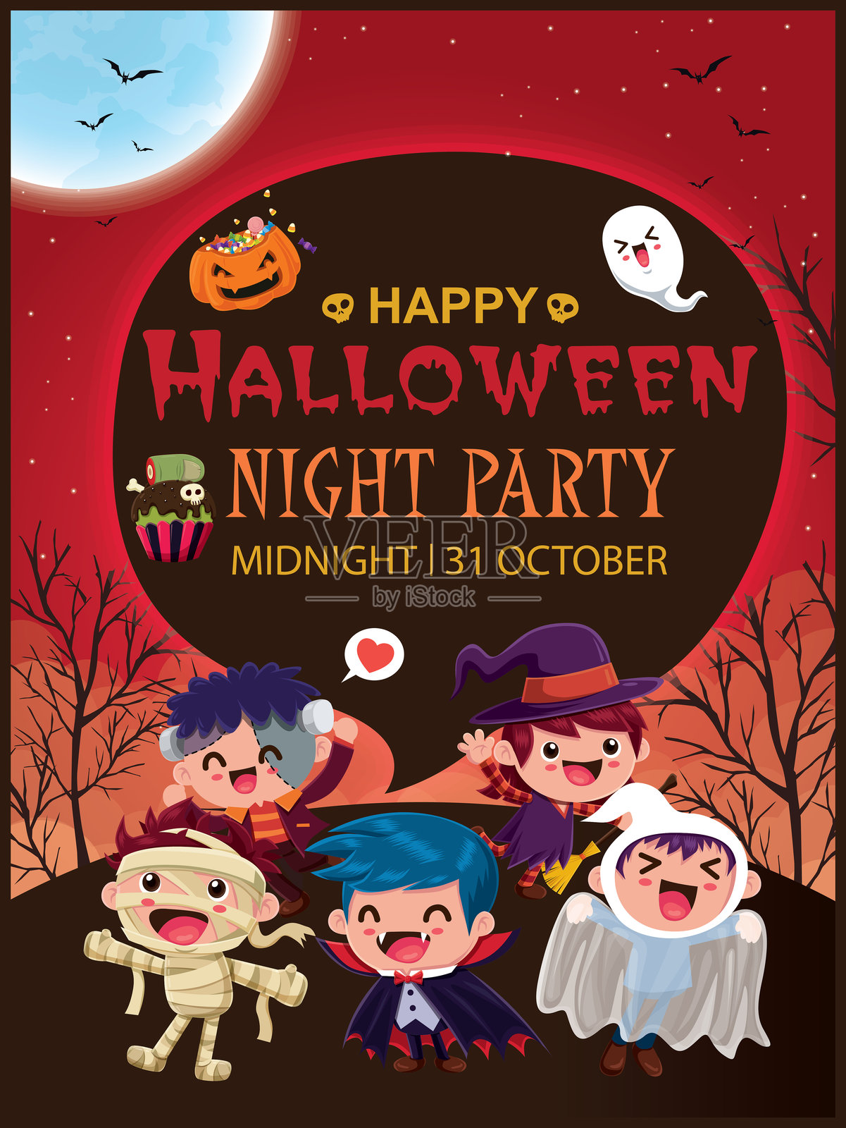 复古万圣节海报设计，包含矢量女巫、鬼魂、木乃伊、僵尸、恶魔、南瓜灯和怪物角色。插画图片素材