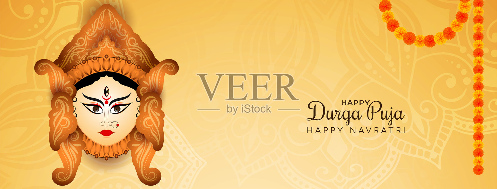 宗教快乐的杜尔迦普贾和纳瓦拉特里印度节日祝福横幅插画图片素材
