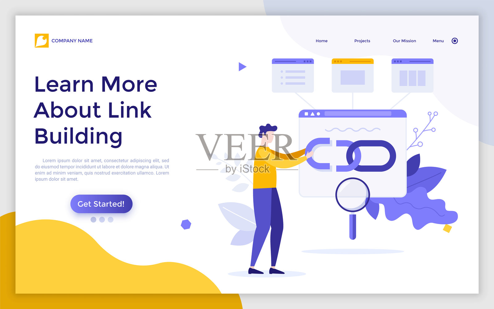 着陆页模板，人物手持浏览器窗口，配有链条和放大镜。链接建设、搜索引擎优化或超链接的概念。适用于网站的扁平矢量插图。插画图片素材