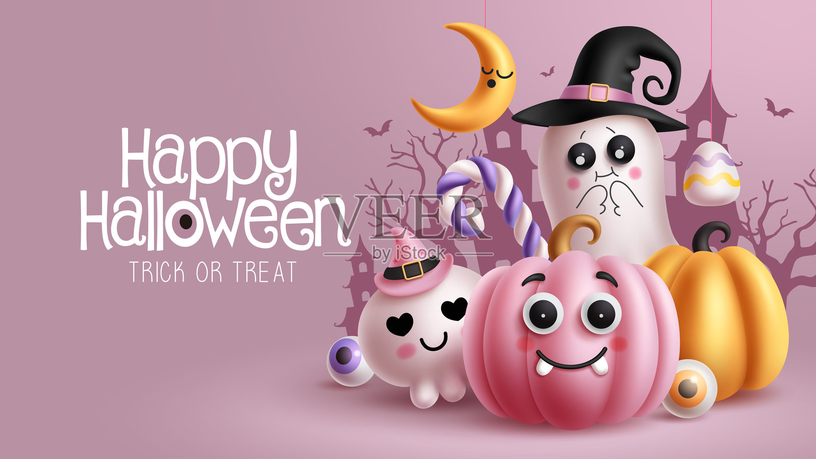 万圣节快乐问候文本矢量设计。万圣节的“不给糖就捣蛋”与南瓜。插画图片素材