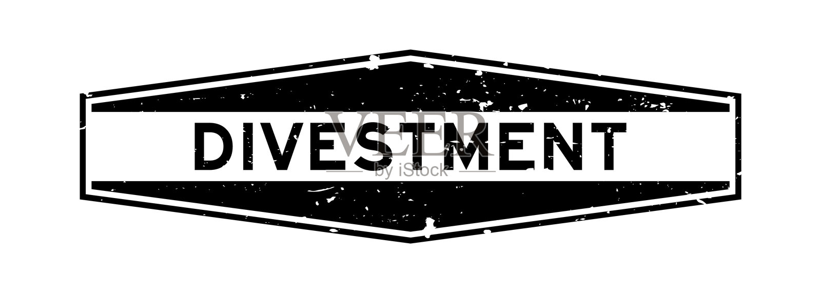 黑色磨损的撤资字样六角形橡胶印章，背景为白色插画图片素材