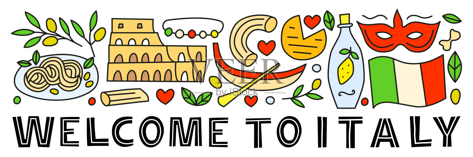 带有字母和涂鸦意大利地标和景点的横幅。插画图片素材