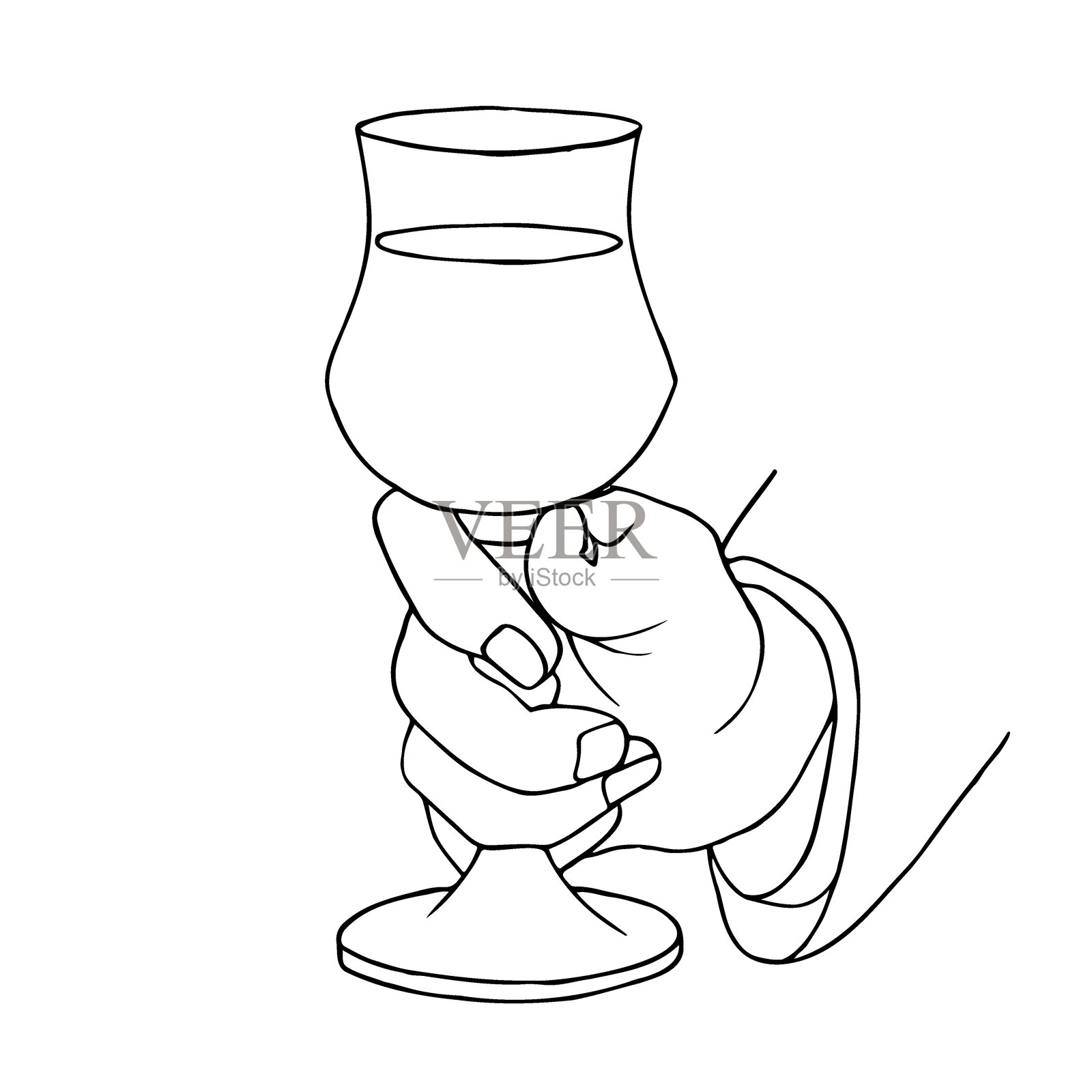 男性手握着高脚杯 - 单线矢量图。鸡尾酒在高脚杯中的概念，供客人饮用的饮品。插画图片素材