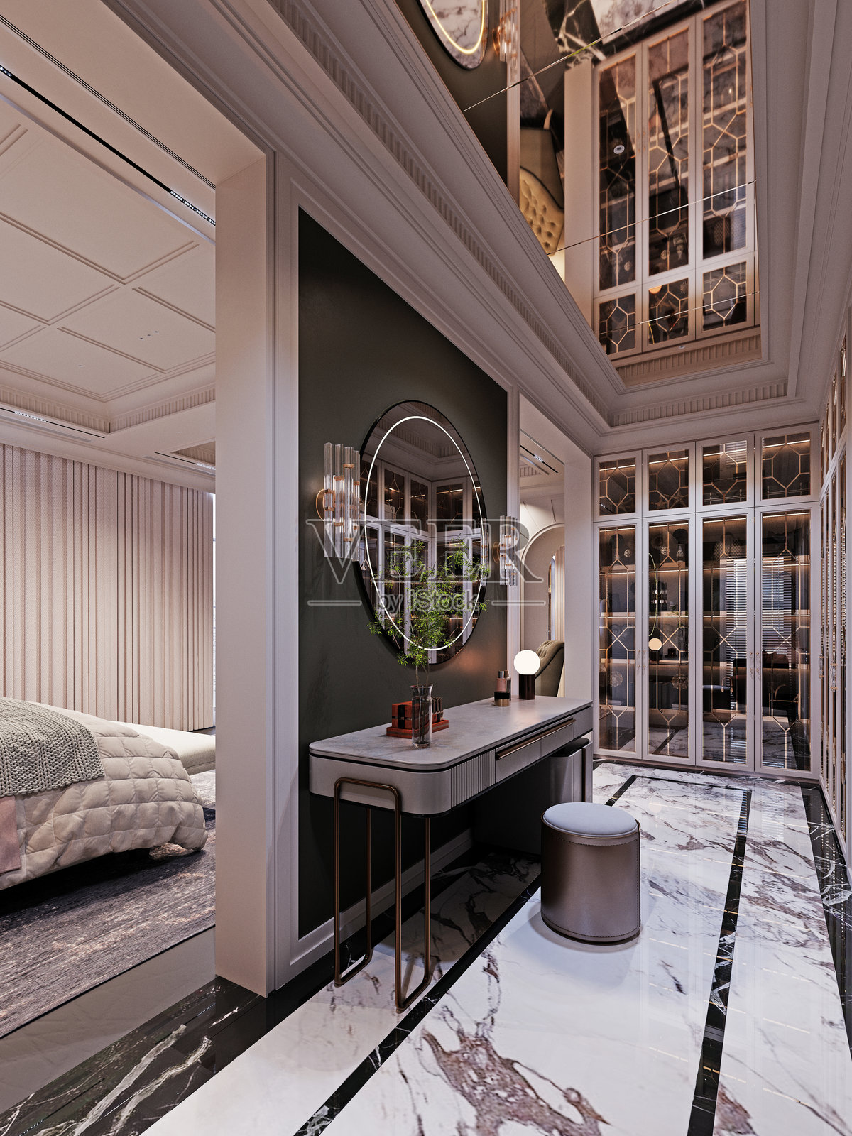 优雅的走廊，配有大理石地板、时尚的控制台桌、圆形镜子和现代照明，展现出奢华感的反射玻璃橱柜。照片摄影图片