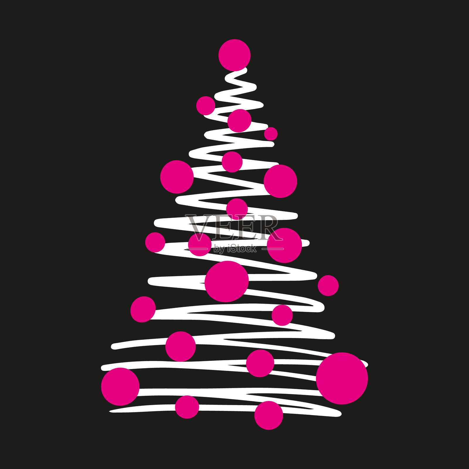 手绘圣诞树图标，孤立在白色背景上。适用于季节性设计、纺织品、贺卡装饰的有趣可爱的涂鸦复古插图。带有新年彩灯的云杉树。插画图片素材