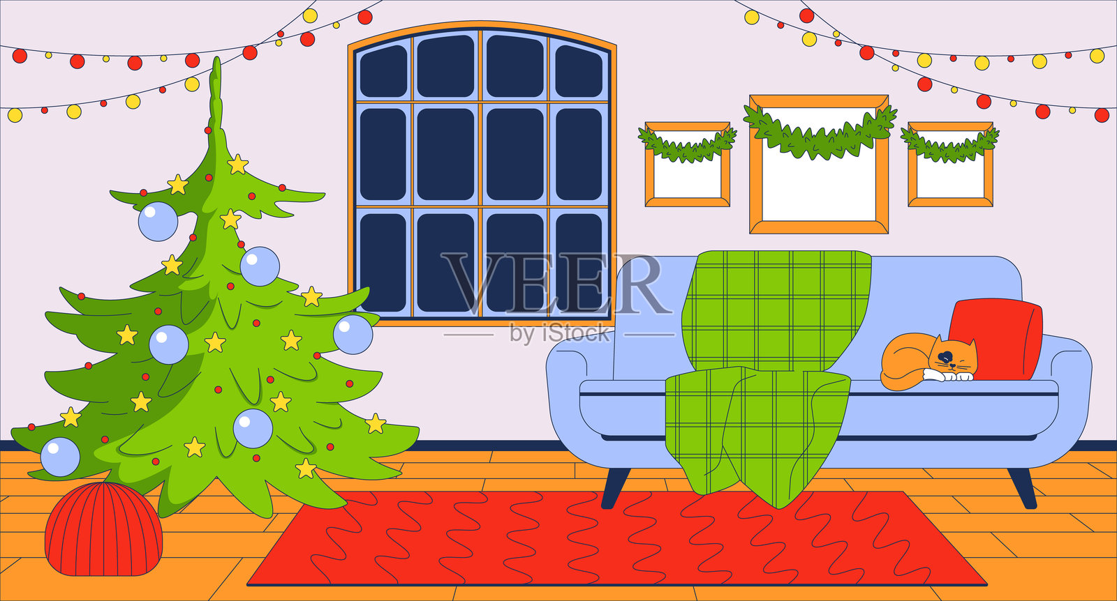 温馨的圣诞屋室内平面插图插画图片素材