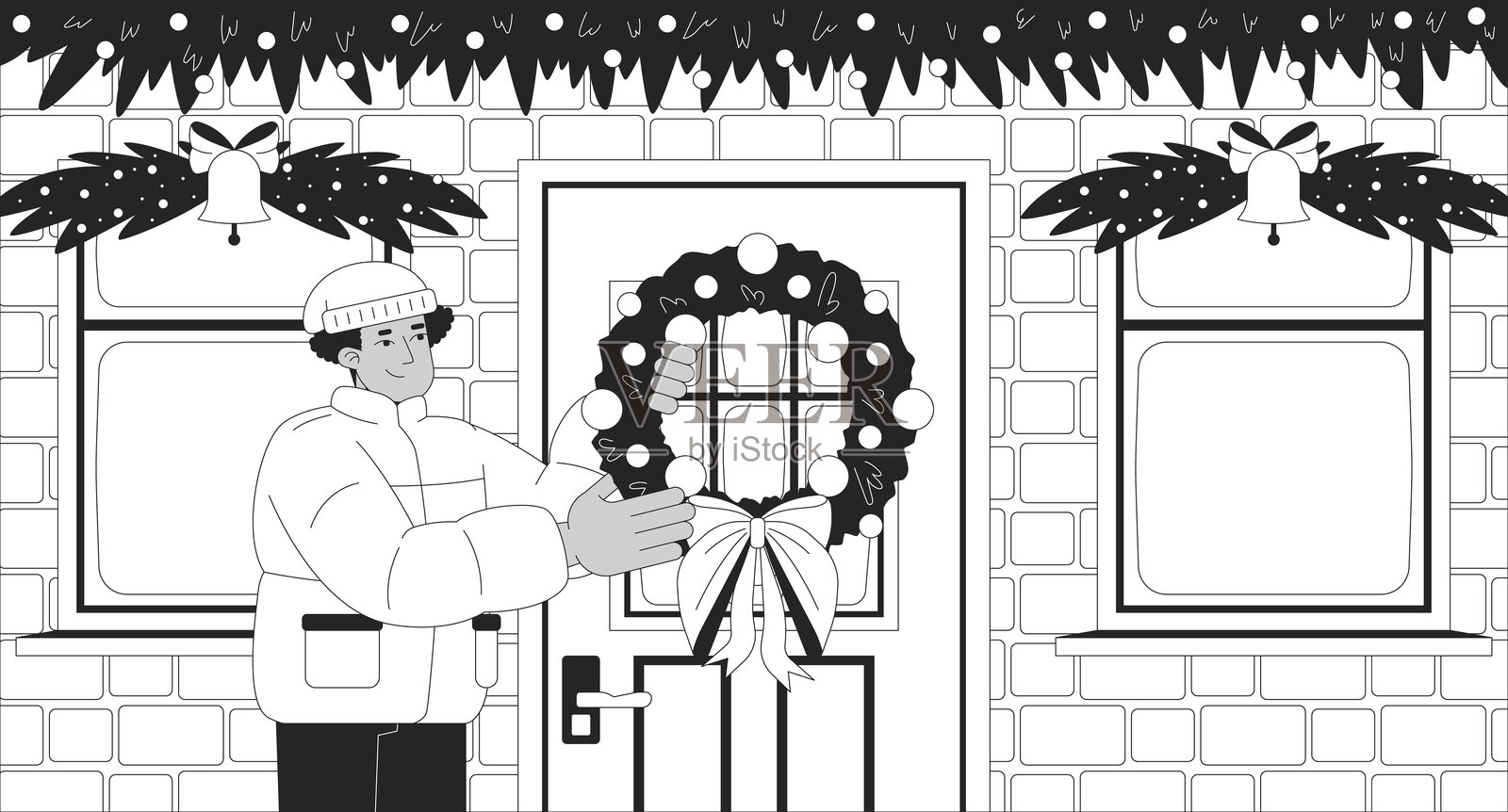 黑白线条插图的圣诞花环挂在前门上插画图片素材