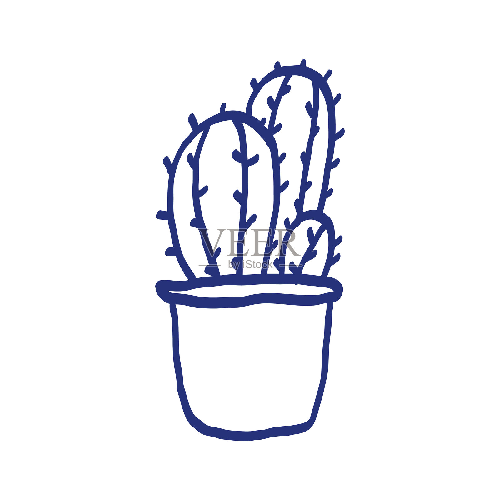 盆栽仙人掌素描。矢量室内植物在花盆中。黑白轮廓插图涂鸦。插画图片素材