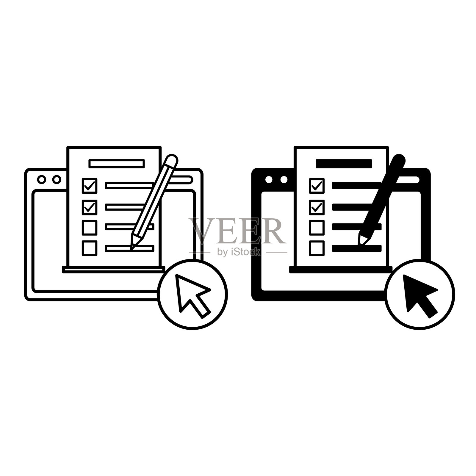 在线测试图标。黑白矢量图标。网站、测试问题和计算机鼠标光标。远程学习、在线学校、电子学习、考试。在线教育概念插画图片素材