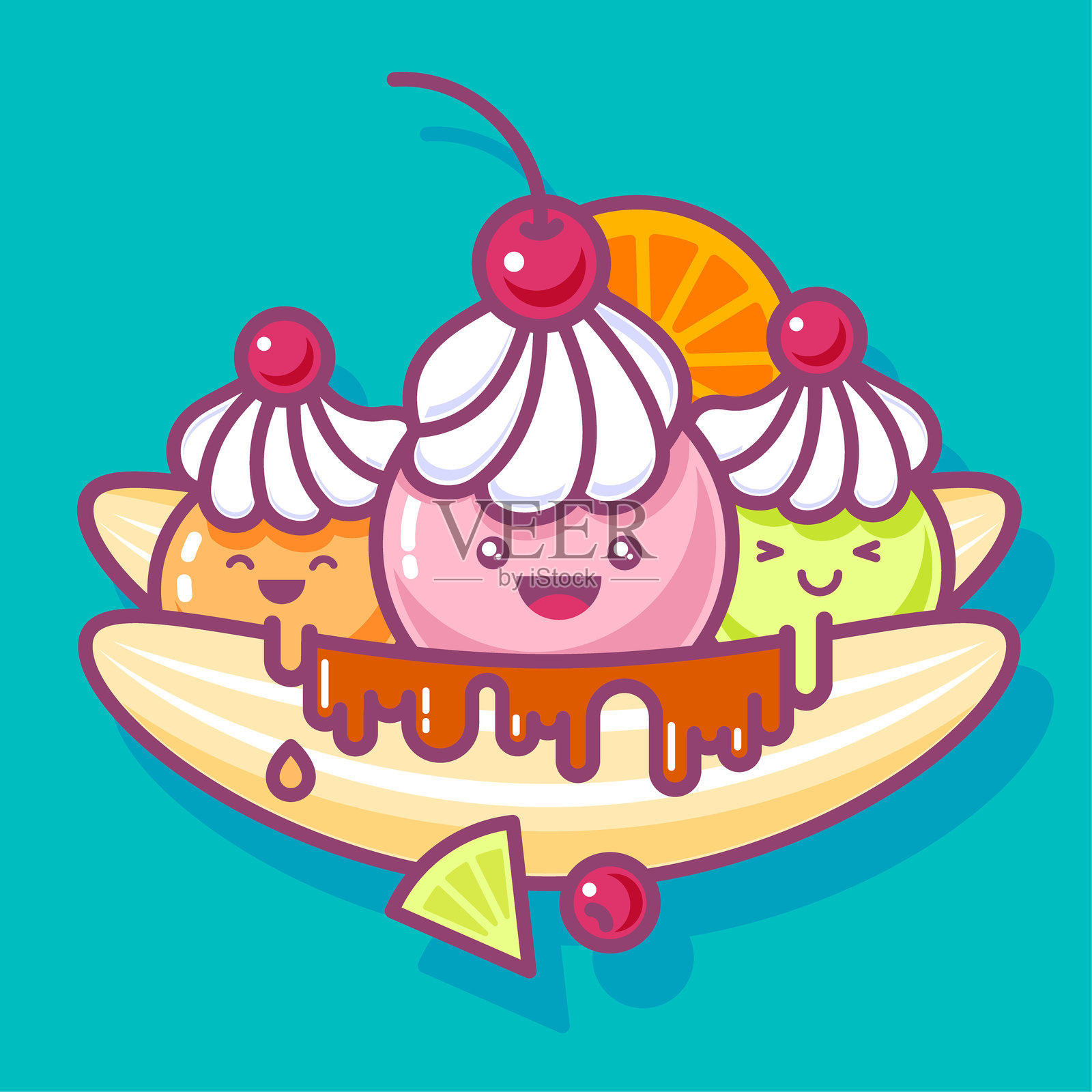 “香蕉船”冰淇淋，配有香蕉、三种不同口味的冰淇淋、焦糖酱、奶油、樱桃和橙子。可爱的插图。插画图片素材