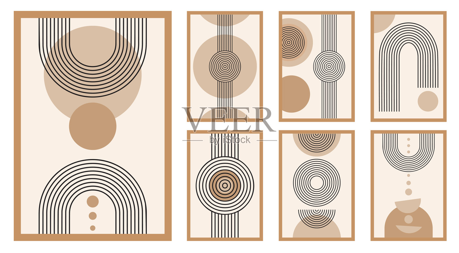 禅意拱门海报套装，简单线条拱门和形状。几何日本禅风格的极简元素。波西米亚风格的条纹。插画图片素材