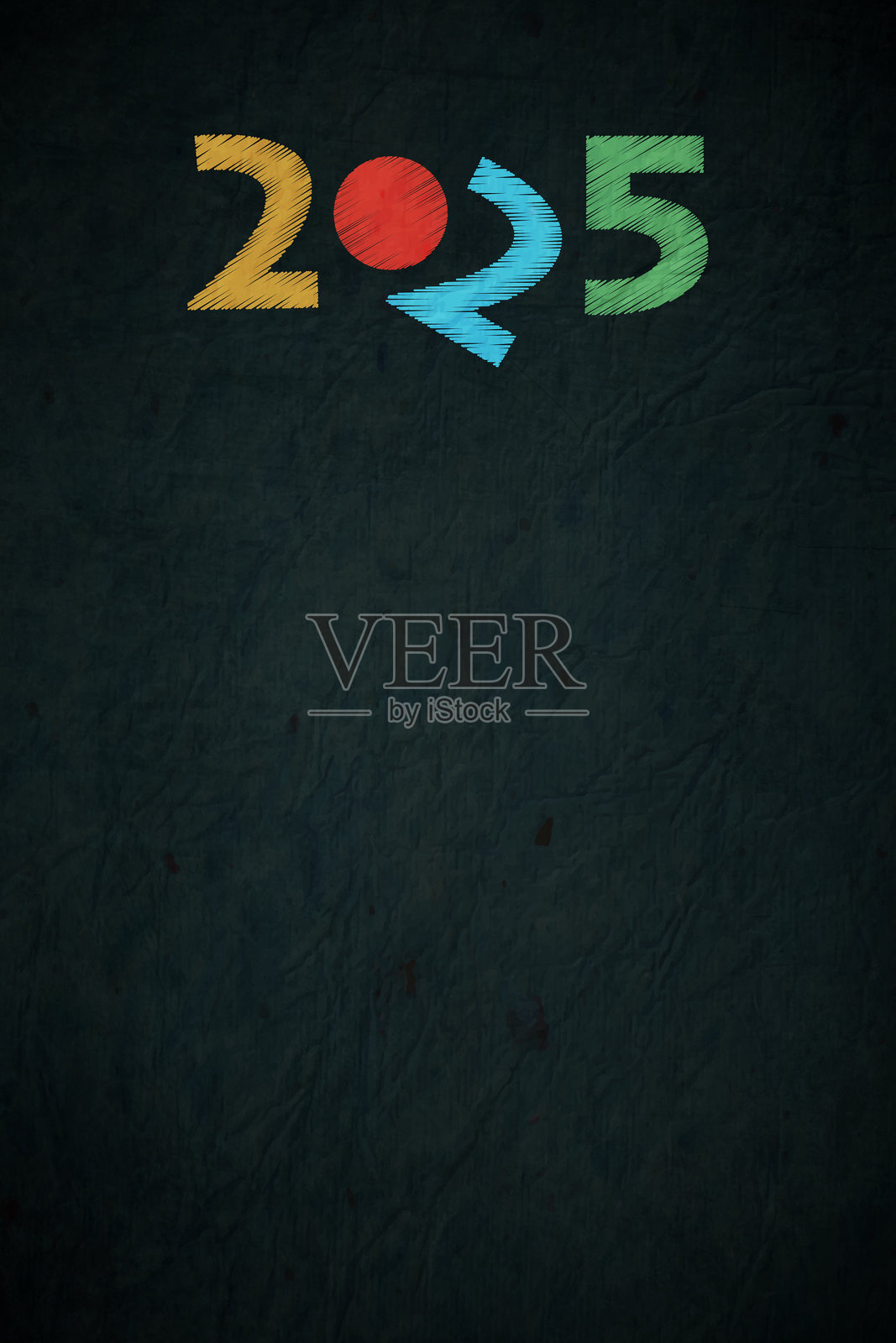 创意漫画风格的有趣垂直矢量背景或海报或横幅，上面有“2025”字样，采用生动多彩的笔触图案，背景为磨砂质感的黑色，像皱褶的绉纸，倾斜的“2”增添趣味，适合2025新年贺卡。插画图片素材