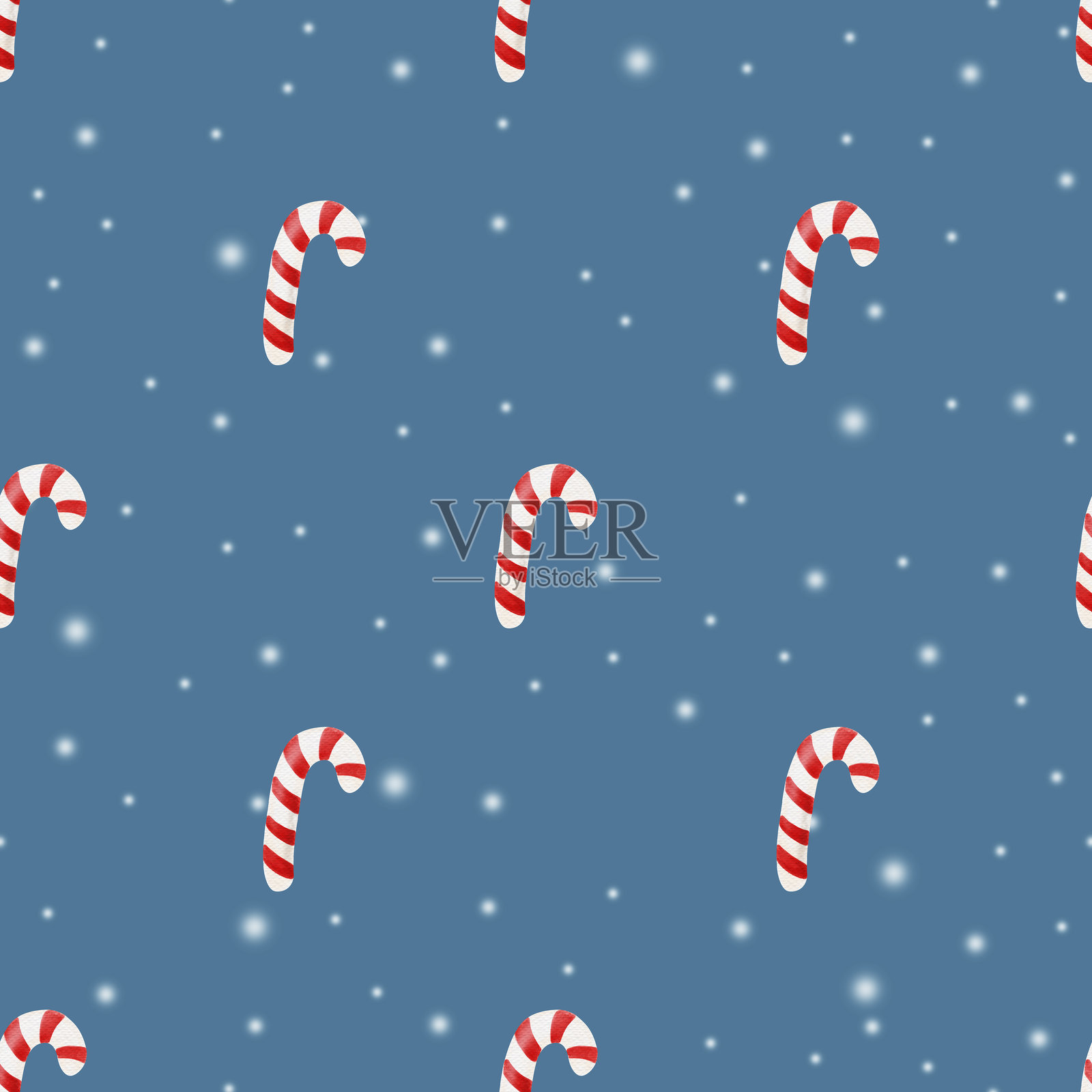 可爱的水彩圣诞无缝图案。手绘圣诞棒棒糖和雪花的装饰。插画图片素材