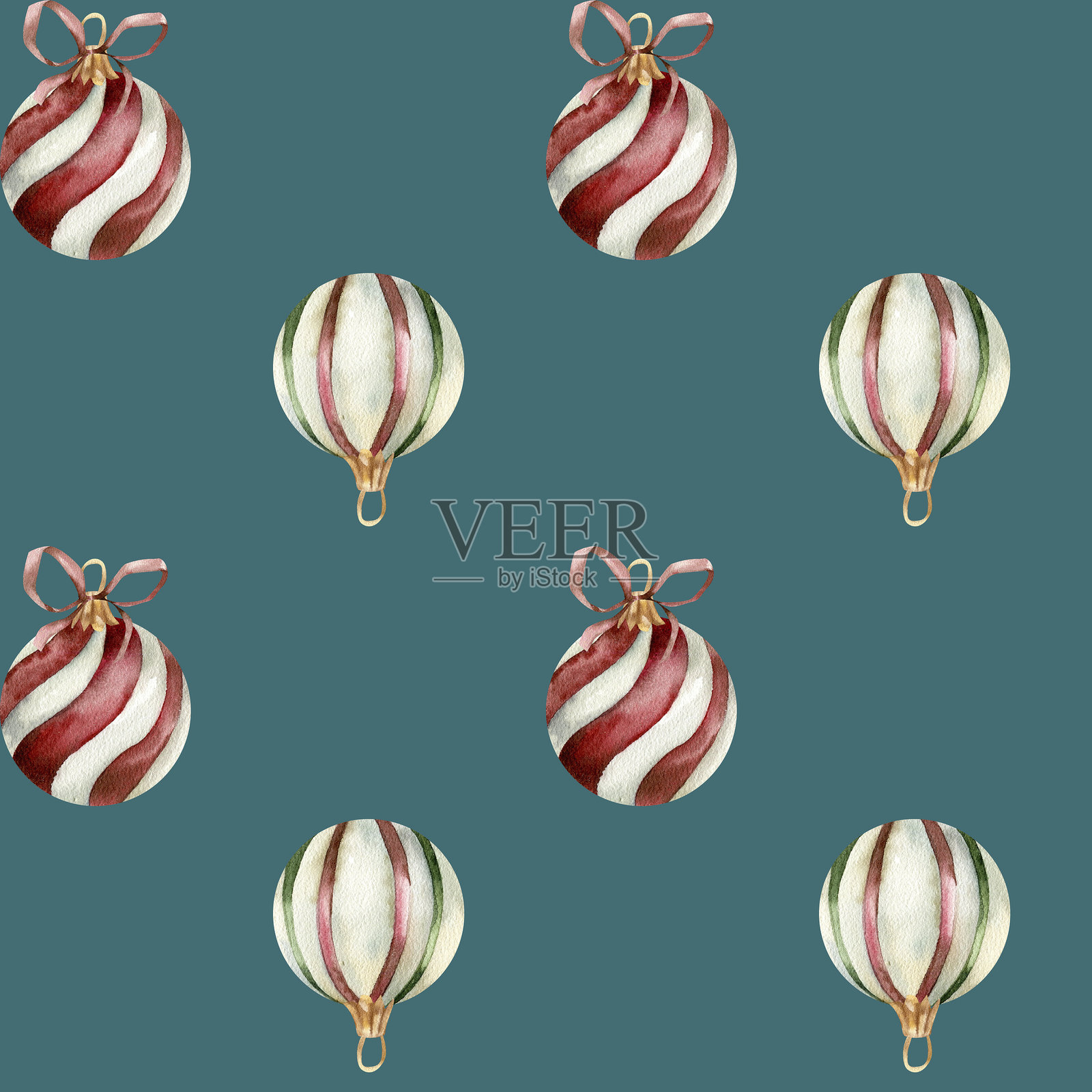 圣诞传统复古条纹球与蝴蝶结的水彩无缝图案，背景为深色。手绘冬季和新年背景，适合家居装饰和礼品盒设计的节日元素。插画图片素材