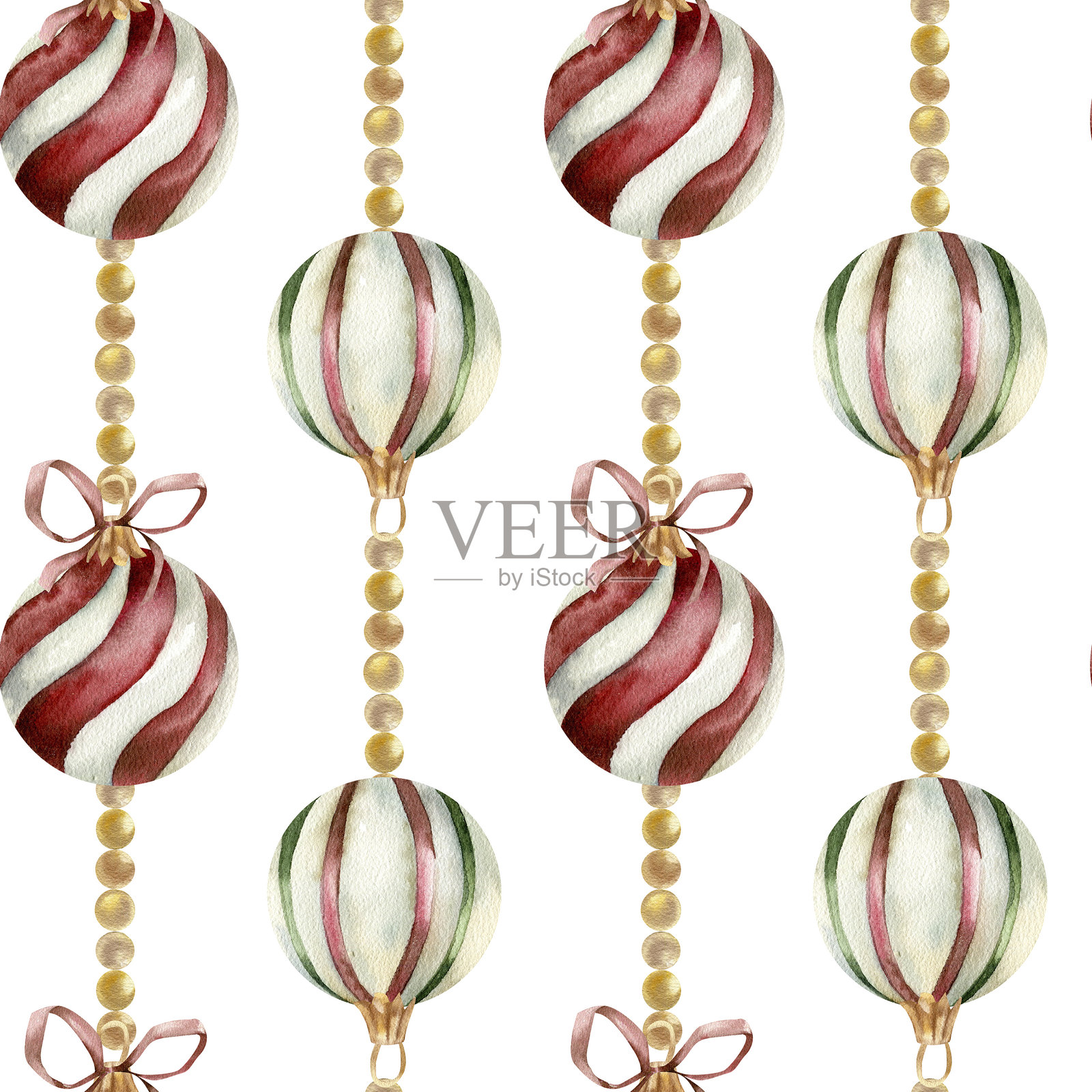 复古圣诞传统装饰条纹球，配有蝴蝶结和金色珠子，无缝图案。水彩新年背景，适用于包装纸和礼品盒设计。邀请贺卡装饰。插画图片素材