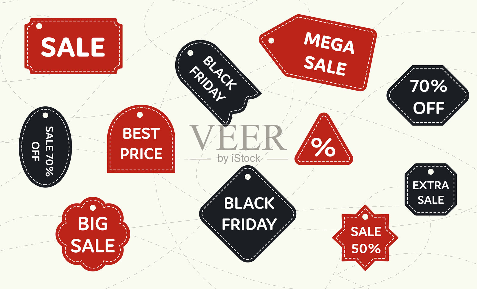 一组红色和黑色的促销标签，带有折扣优惠，完美适合黑色星期五和促销活动插画图片素材