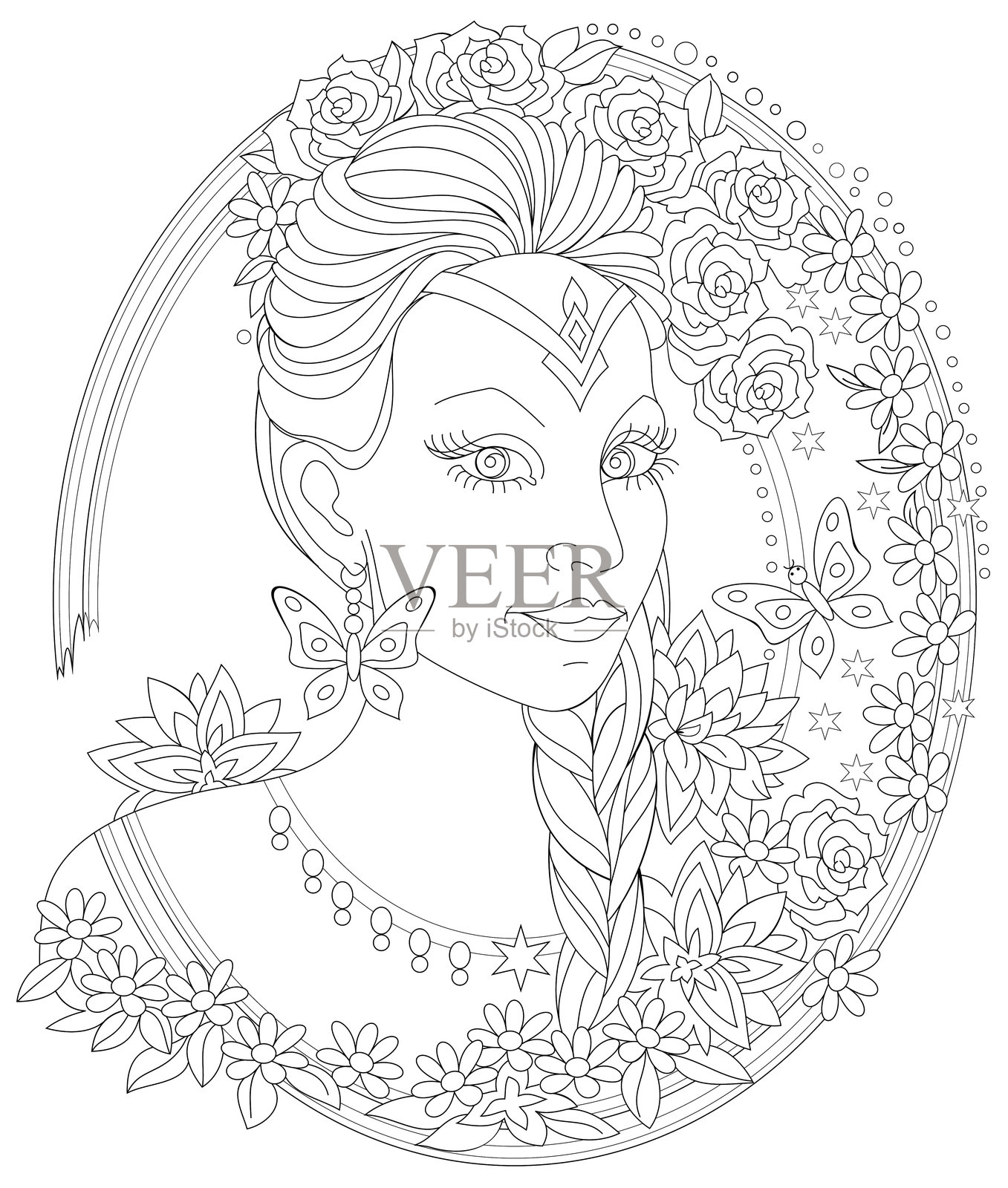 黑白涂色书页面。美丽女性的幻想肖像。适合儿童和成人的工作表。矢量图像。插画图片素材