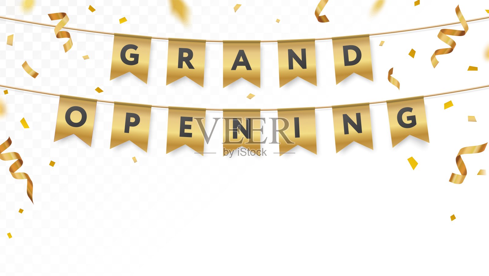 金色盛大开幕邀请卡模板，彩带。悬挂花环。逼真的派对纸旗，金色横幅，五彩缤纷的丝带。庆祝横幅模型概念。插画图片素材