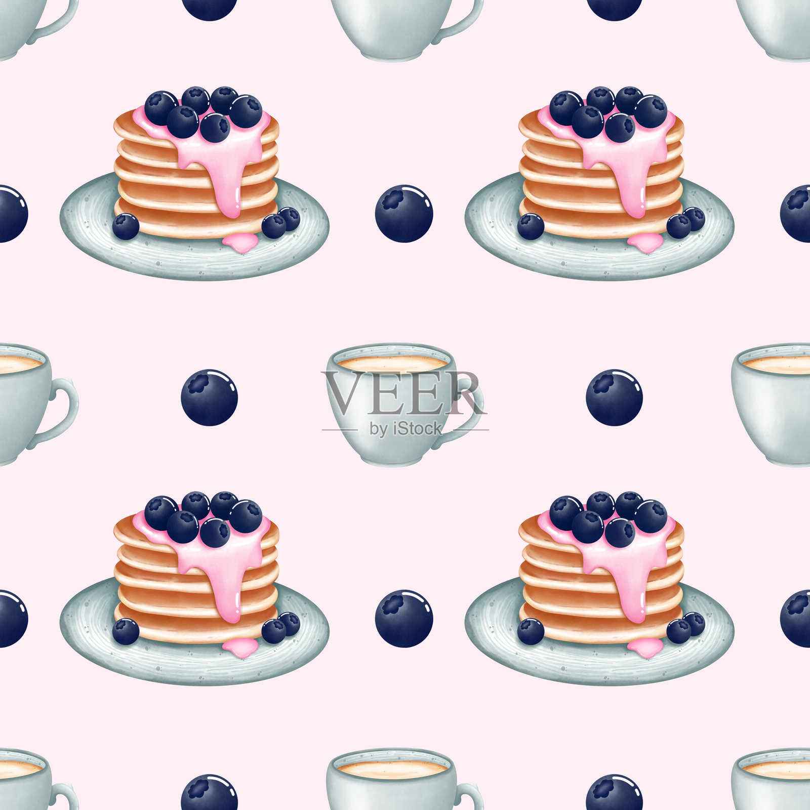 水彩无缝图案：卡布奇诺与煎饼。手绘在独立背景上。适用于设计师、菜单、商店、酒吧、小餐馆、餐厅以及明信片。插画图片素材