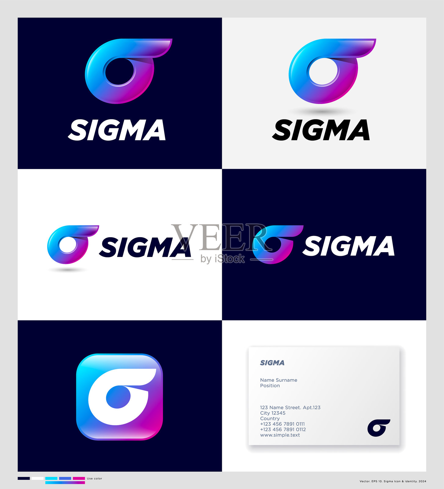 西格玛符号。字母组合。蓝紫色希腊字母。身份，使用颜色，名片和应用图标。插画图片素材