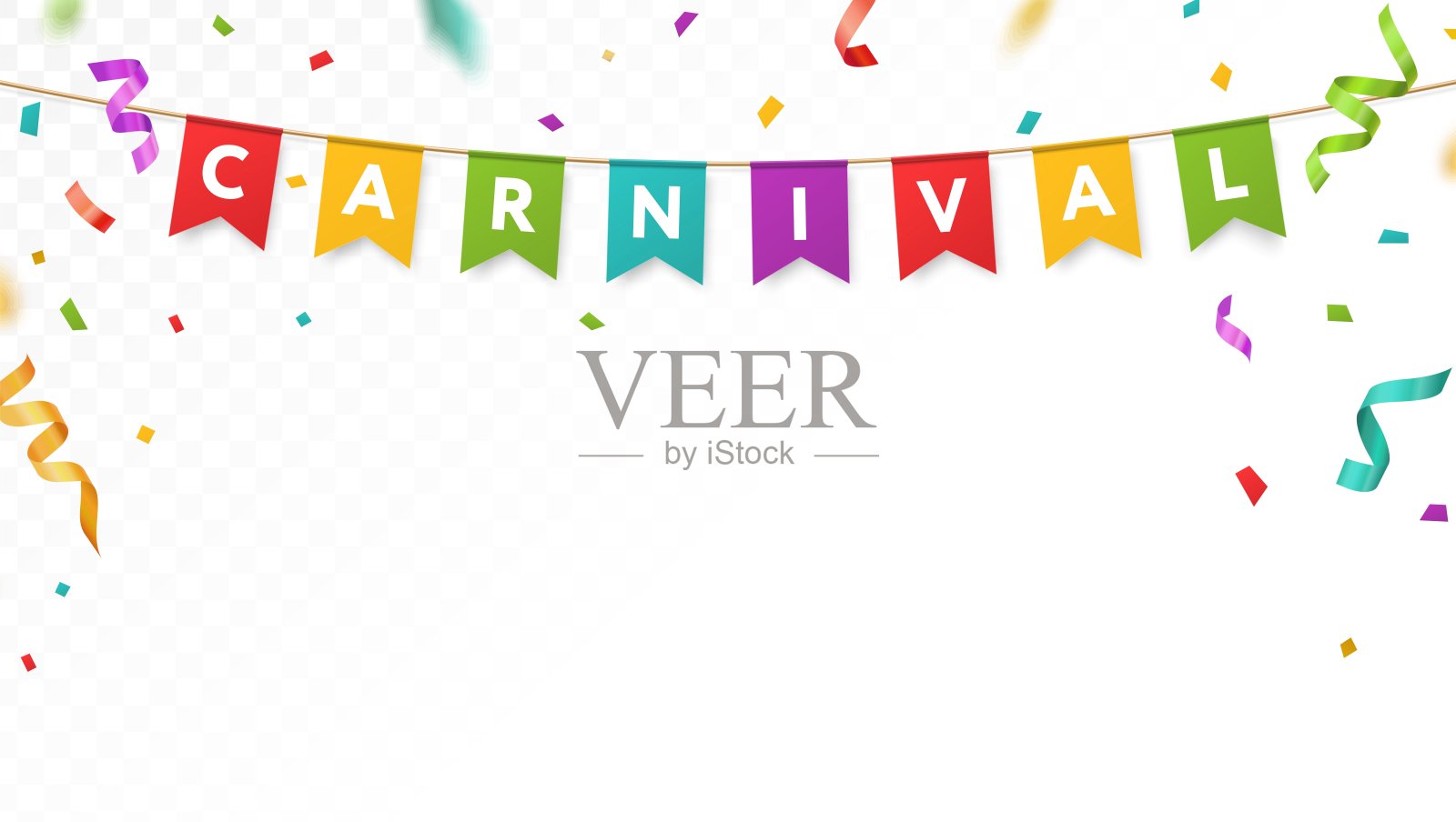 嘉年华卡片概念，排版设计。彩带，悬挂的纸旗串。逼真的派对横幅，多彩的五彩纸屑。有趣的活动庆祝布条模型。矢量图。插画图片素材