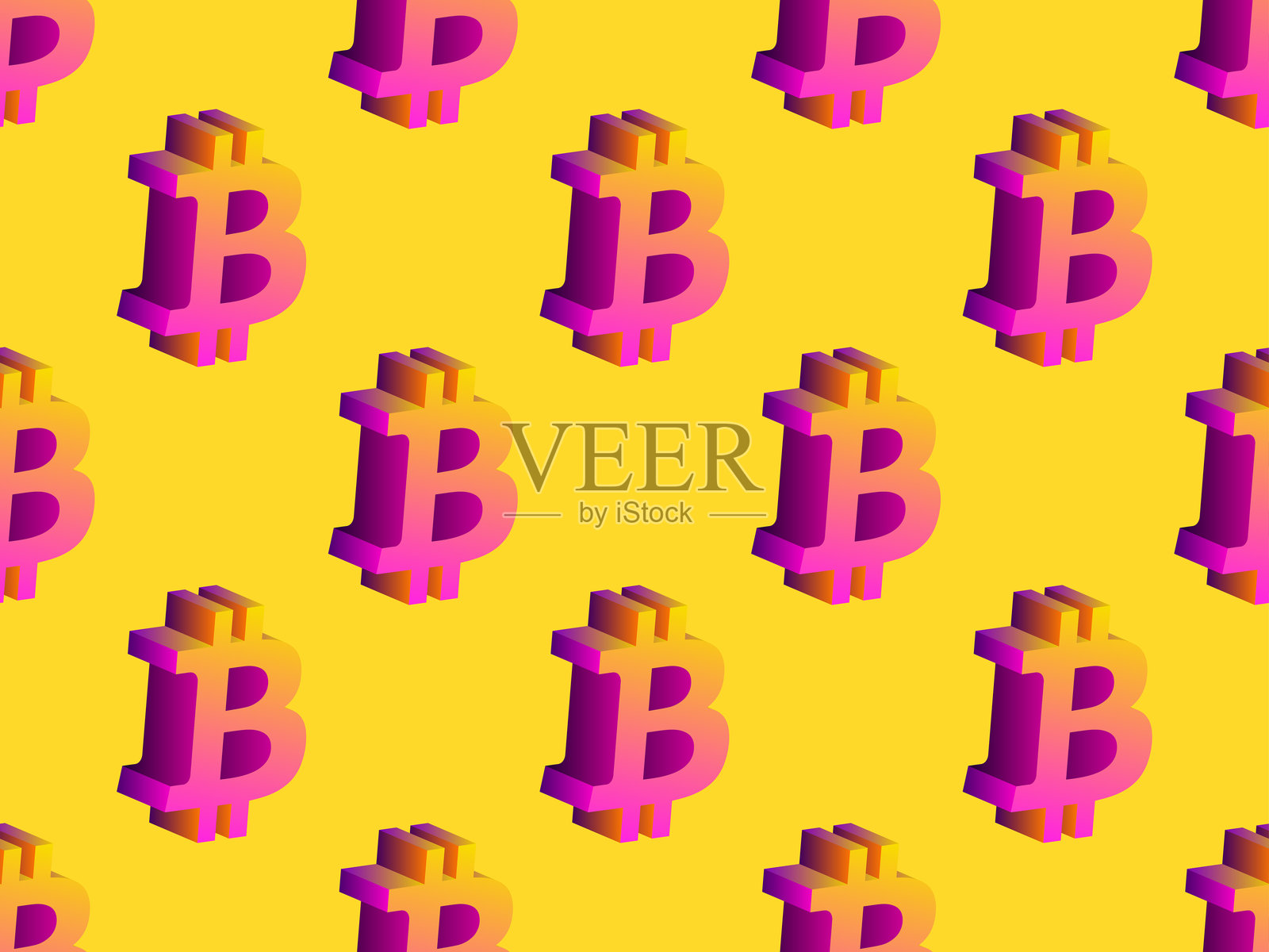 无缝图案，带有3D风格的比特币符号。渐变的比特币符号，采用等距风格。加密货币，数字货币交易。适用于壁纸、封面、包装和横幅的设计。矢量插图。插画图片素材