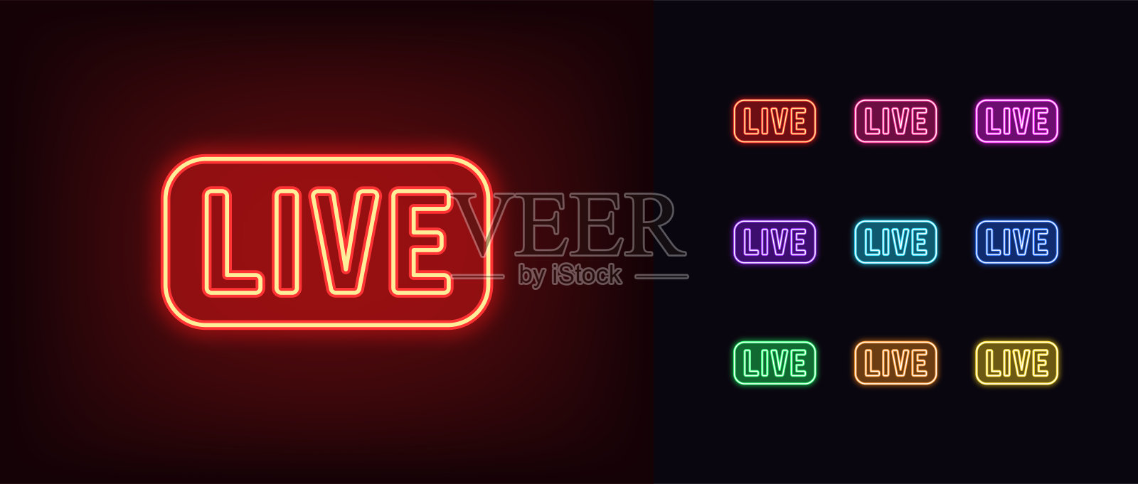 霓虹直播文字图标集。发光霓虹灯直播标签与框架。直播体育比赛，直播游戏。音乐电台直播，直播采访。新闻和电视节目直播，直播播客。矢量图标插画图片素材