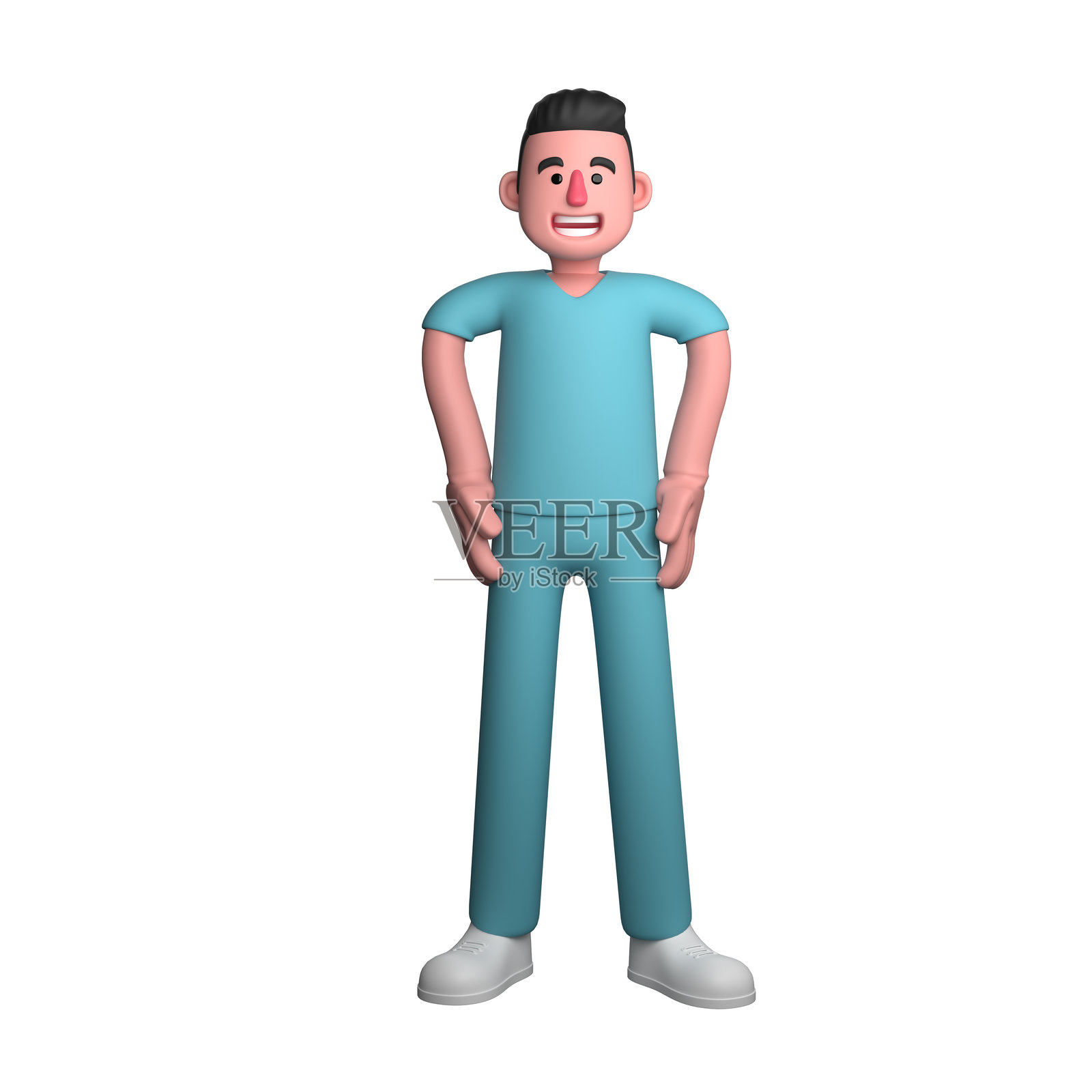 3D护士角色。一名男护士微笑着站立，双手放在腰间。插图中的男性健康工作者。照片摄影图片