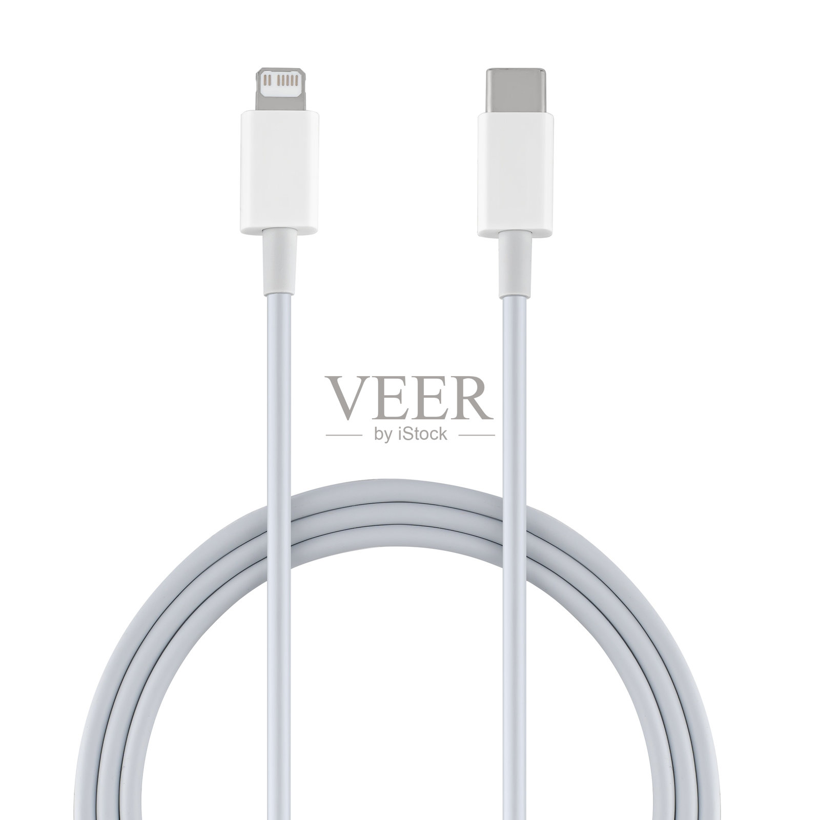 Type-C和Lightning数据线及连接器，绝缘于白色背景上照片摄影图片