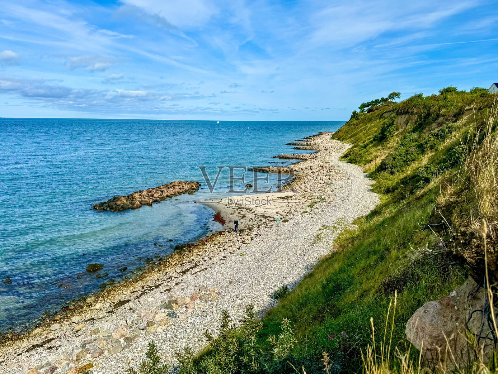 海岸悬崖，俯瞰大海、沙滩和山丘的全景。积极的生活方式，徒步旅行、运动、冒险和探索。自然之美。丹麦，亨斯泰德。照片摄影图片